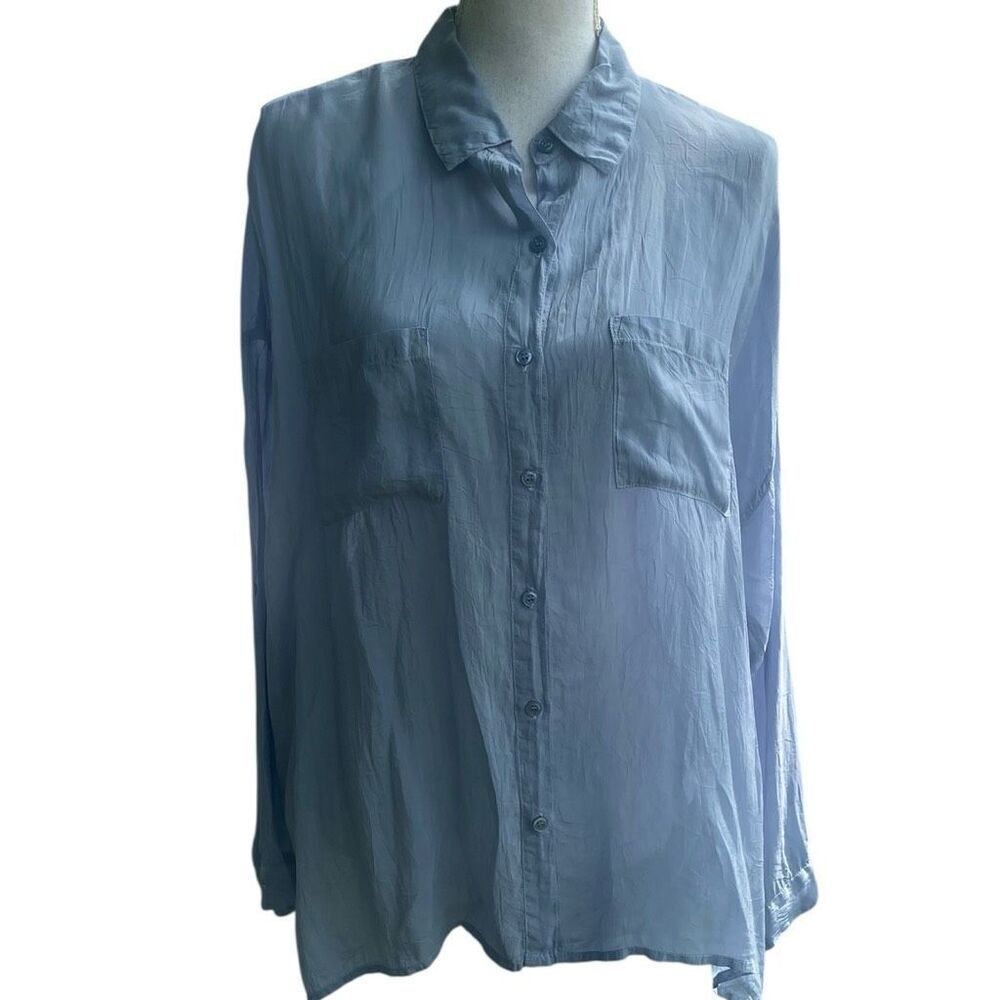 Maeven West Womens Blue Crinkle Long Sleeve Button-Up Shirt Small